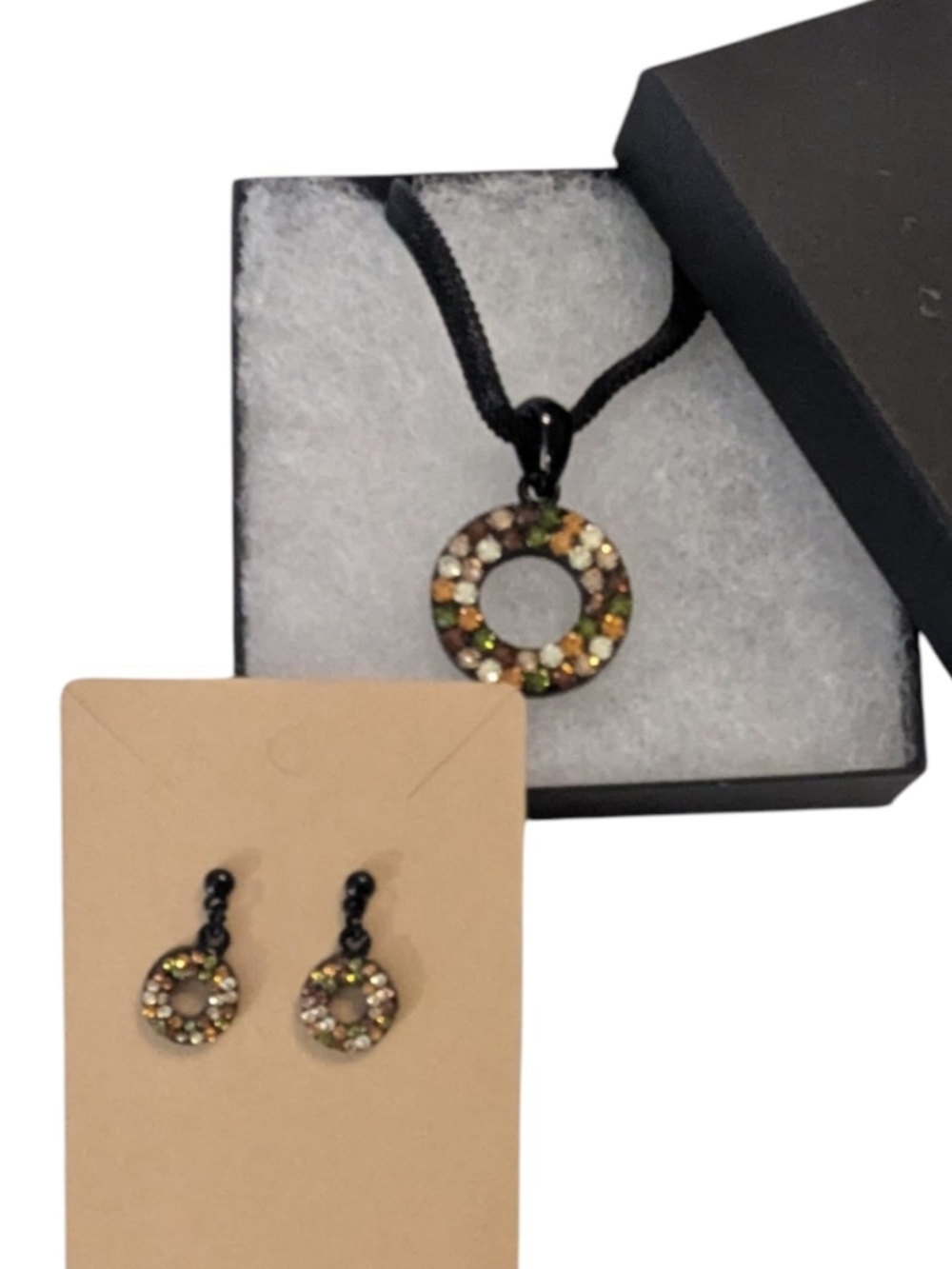 VTG Cookie Lee Earth Tones Austrian Crystal Pendant Necklace & Pierced Earrings